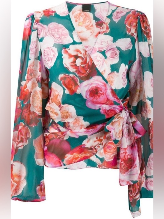 Pinko Tops - NWT Pinko Teal Floral Wrap Blouse with Pink & Peach Roses